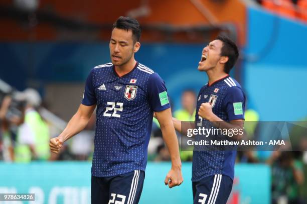 Maya Yoshida and Gen Shoji of Japan celebrates at the end of the 2018 FIFA World Cup Russia group H match between Colombia and Japan at Mordovia...