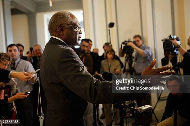 House Majority Whip James Clyburn talks to reporters after stepping out of a Democratic caucus meeting in the Canon House Office Building on Capitol...