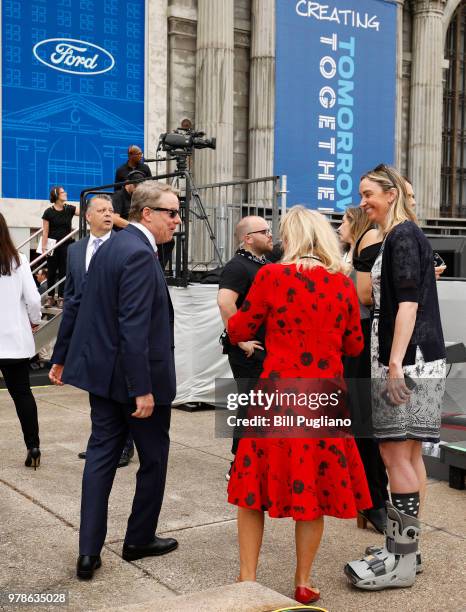 Bill Ford, Ford Motor Company Executive Chairman, chats with congresswoman Debbie Dingell after checking out the stage area prior to Ford's 11am...