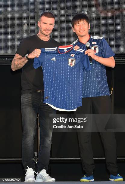 David Beckham and Koji Nakata attend the public viewing event for Colombia vs Japan match of the 2018 FIFA World Cup Russia on June 19, 2018 in...