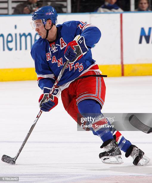 Ryan Callahan of the New York Rangers skates against the St. Louis Blues on March 18, 2010 at Madison Square Garden in New York City. The Blues...