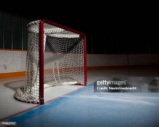 empty ice hockey venue with the focus on the net - hockey stock pictures, royalty-free photos & images