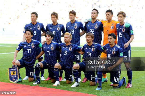 The Japan team pose for a team photo prior to the 2018 FIFA World Cup Russia group H match between Colombia and Japan at Mordovia Arena on June 19,...