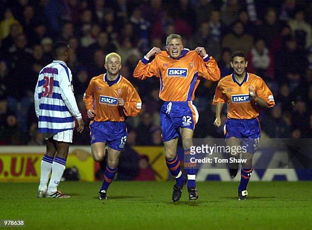 Lee Mansell of Luton Town celebrates scoring the first goal of the match during The AXA FA Cup Third Round Replay Match between Queens Park Rangers...