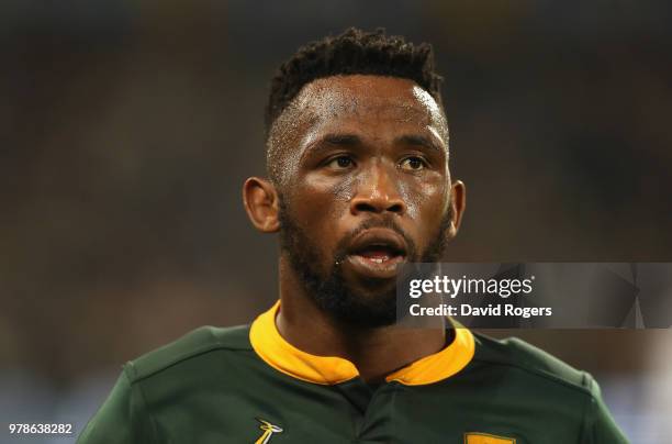 Siya Kolisi of Souith Africa looks on during the second test match between South Africa and England at Toyota Stadium on June 16, 2018 in...