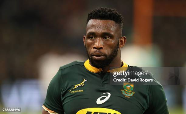 Siya Kolisi of Souith Africa looks on during the second test match between South Africa and England at Toyota Stadium on June 16, 2018 in...