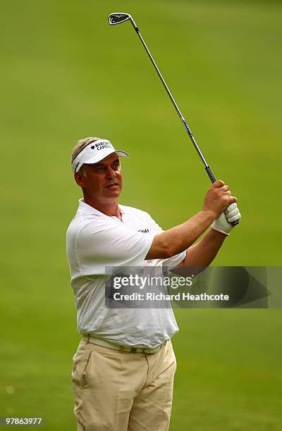 Darren Clarke of Northern Ireland plays into the 16th green during the second round of the Hassan II Golf Trophy at Royal Golf Dar Es Salam on March...