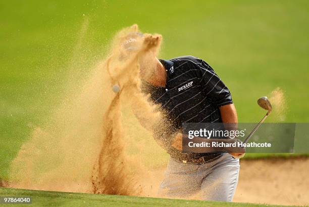 David Howell of England plays from a bunker on the 13th during the second round of the Hassan II Golf Trophy at Royal Golf Dar Es Salam on March 19,...