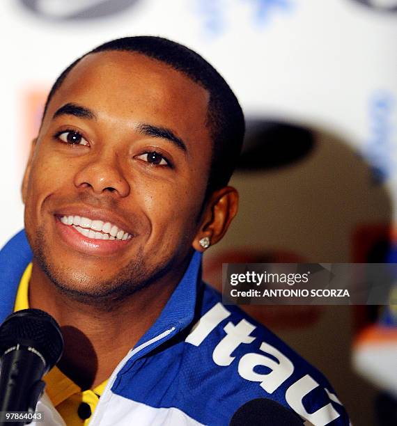 Brazil's forward Robinho answers journalist's questions during a press conference on June 20, 2009 in Centurion, South Africa on the eve of their...