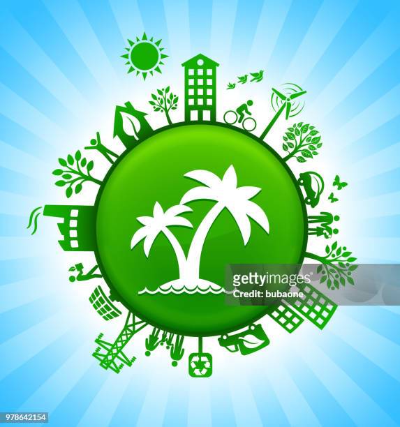stockillustraties, clipart, cartoons en iconen met eiland en palmen milieu groene knop achtergrond op blauwe hemel - zonne eiland