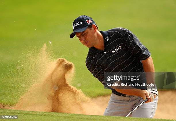 David Howell of England plays from a bunker on the 13th during the second round of the Hassan II Golf Trophy at Royal Golf Dar Es Salam on March 19,...