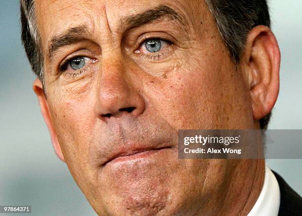 House Minority Leader Rep. John Boehner pauses during a news conference March 19, 2010 on Capitol Hill in Washington, DC. Boehner said he will try...