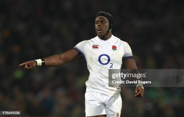 Maro Itoje of England looks on during the second test match between South Africa and England at Toyota Stadium on June 16, 2018 in Bloemfontein,...