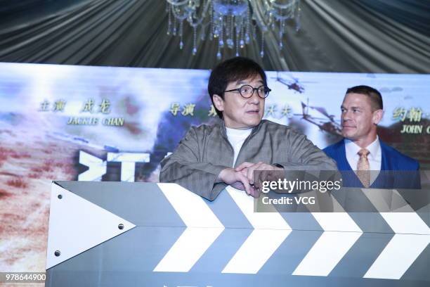 Actor Jackie Chan and actor John Cena attend 'Project X' press conference on June 18, 2018 in Shanghai, China.