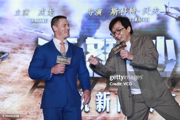 Actor Jackie Chan and actor John Cena attend 'Project X' press conference on June 18, 2018 in Shanghai, China.