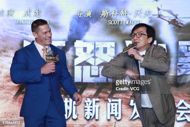 Actor Jackie Chan and actor John Cena attend 'Project X' press conference on June 18, 2018 in Shanghai, China.