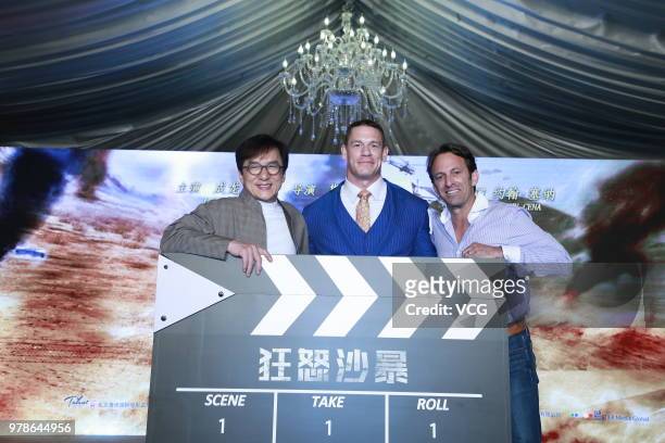 Actor Jackie Chan, director Scott Waugh and actor John Cena attend 'Project X' press conference on June 18, 2018 in Shanghai, China.