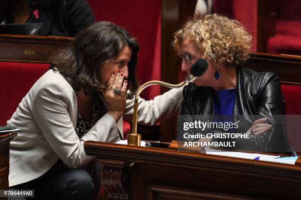 French Minister for Solidarity and Health Agnes Buzyn speaks to French Labour Minister Muriel Penicaud during a session of questions to the...