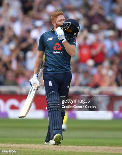 Jonathan Bairstow of England celebrates reaching his century during the 3rd Royal London ODI match between England and Australia at Trent Bridge on...