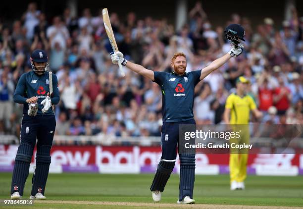 Jonathan Bairstow of England celebrates reaching his century during the 3rd Royal London ODI match between England and Australia at Trent Bridge on...