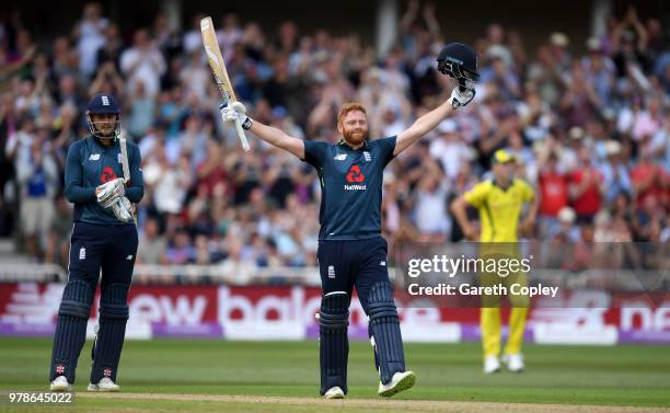 Jonathan Bairstow of England celebrates reaching his century during the 3rd Royal London ODI match between England and Australia at Trent Bridge on...