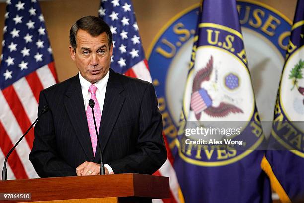 House Minority Leader Rep. John Boehner speaks during a news conference March 19, 2010 on Capitol Hill in Washington, DC. Boehner said he will try...