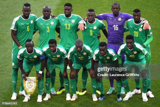 Senegal team lines up prior to the 2018 FIFA World Cup Russia group H match between Poland and Senegal at Spartak Stadium on June 19, 2018 in Moscow,...