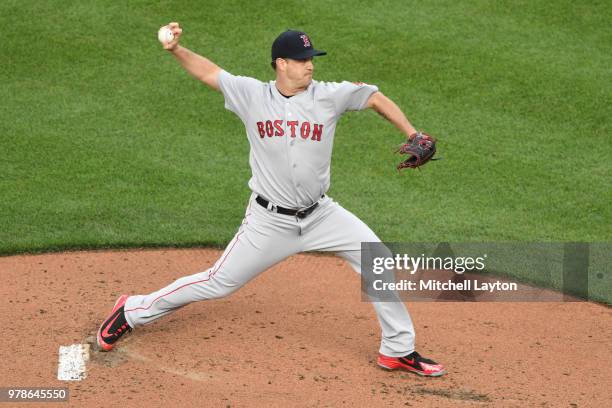 Steven Wright of the Boston Red Sox pitches during a baseball game against the Baltimore Orioles at Oriole Park at Camden Yards on June 11, 2018 in...