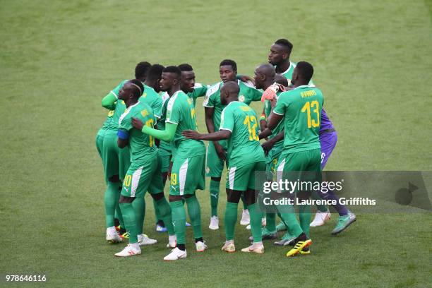 Senegal players encourage themselves prior to the 2018 FIFA World Cup Russia group H match between Poland and Senegal at Spartak Stadium on June 19,...