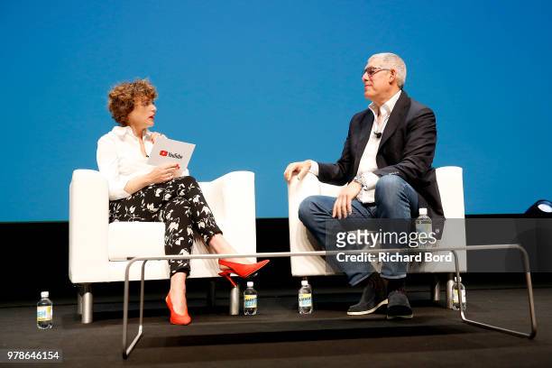 Annie Mac and Lyor Cohen speak onstage during the Youtube session at the Cannes Lions Festival 2018 on June 19, 2018 in Cannes, France.