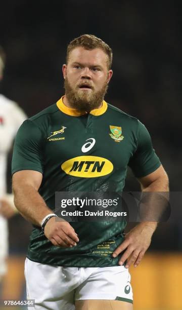 Akker van der Merwe of South Africa looks on during the second test match between South Africa and England at Toyota Stadium on June 16, 2018 in...
