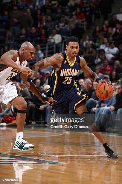 Brandon Rush of the Indiana Pacers drives against Jerry Stackhouse of the Milwaukee Bucks during the game on February 6, 2010 at the Bradley Center...