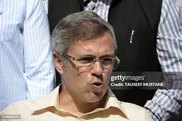 Jammu and Kashmir main opposition National Conference party leader and former chief Minister Omar Abdullah speaks during a press conference in...