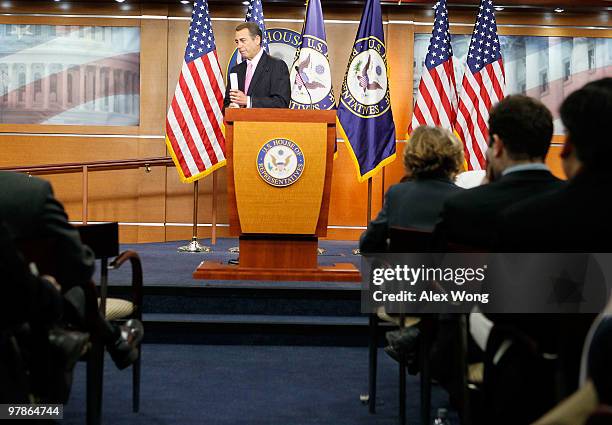 House Minority Leader Rep. John Boehner leaves after a news conference March 19, 2010 on Capitol Hill in Washington, DC. Boehner said he will try his...