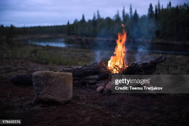 campfire on riverbank - kampvuur stockfoto's en -beelden