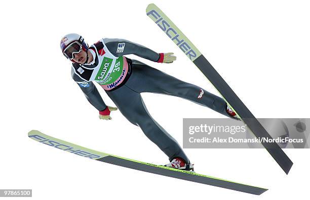 Gregor Schlierenzauer of Austria soars through the air during the individual event of the Ski jumping World Championships on March 19, 2010 in...