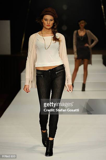 Model showcases designs on the catwalk by Jeanswest as part of the LMFF Fashion Collections 4 on the fifth day of the 2010 L'Oreal Melbourne Fashion...