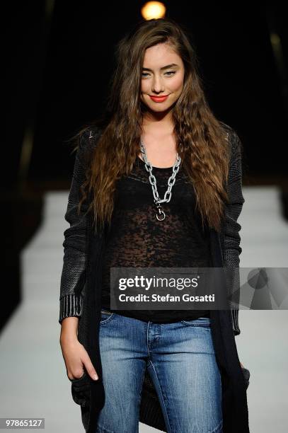 Model showcases designs on the catwalk by Jeanswest as part of the LMFF Fashion Collections 4 on the fifth day of the 2010 L'Oreal Melbourne Fashion...