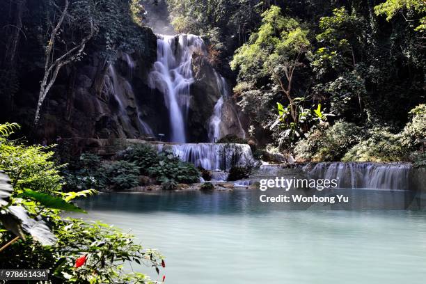 kuang si falls cascade waterfall, luang prabang, laos - kuang si falls stock pictures, royalty-free photos & images