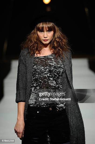 Model showcases designs on the catwalk by Jeanswest as part of the LMFF Fashion Collections 4 on the fifth day of the 2010 L'Oreal Melbourne Fashion...