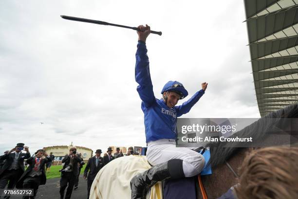 William Buick celebrates after riding Blue Point to win The King's Stand Stakes on day 1 of Royal Ascot at Ascot Racecourse on June 19, 2018 in...