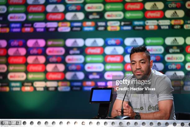 Marco Fabian of Mexico, speaks during a training session & Press conference at Training Base Novogorsk-Dynamo, on June 19, 2018 in Moscow, Russia.