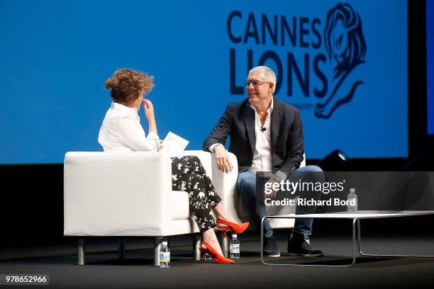 Annie Mac and Lyor Cohen speak onstage during the Youtube session at the Cannes Lions Festival 2018 on June 19, 2018 in Cannes, France.