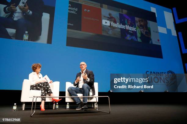 Annie Mac and Lyor Cohen speak onstage during the Youtube session at the Cannes Lions Festival 2018 on June 19, 2018 in Cannes, France.