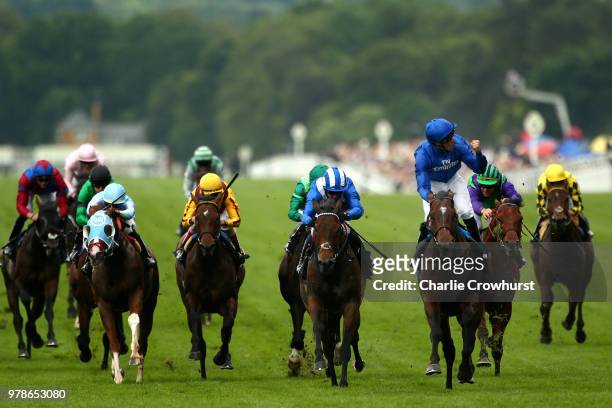 William Buick celebrates after he rides Blue Point to win The King's Stand Stakes on day 1 of Royal Ascot at Ascot Racecourse on June 19, 2018 in...