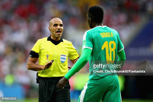 Ismaila Sarr of Senegal argues with Referee Nawaf Shukralla during the 2018 FIFA World Cup Russia group H match between Poland and Senegal at Spartak...