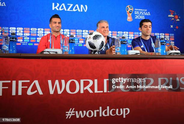 Masoud Shojaei and Carlos Queiroz head coach and manager of Iran look on during a press conference before match between Iran & Spain FIFA World Cup...