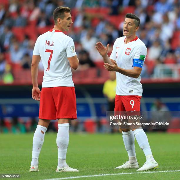 Robert Lewandowski, captain of Poland rouses his teammates during the 2018 FIFA World Cup Russia group H match between Poland and Senegal at Spartak...