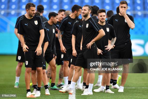 Uruguay's national team players take part in a training session at the Rostov Arena in Rostov-On-Don on June 19 on the eve of the Russia 2018 World...