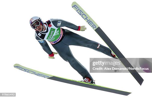 Gregor Schlierenzauer of Austria soars through the air during the individual event of the Ski jumping World Championships on March 19, 2010 in...